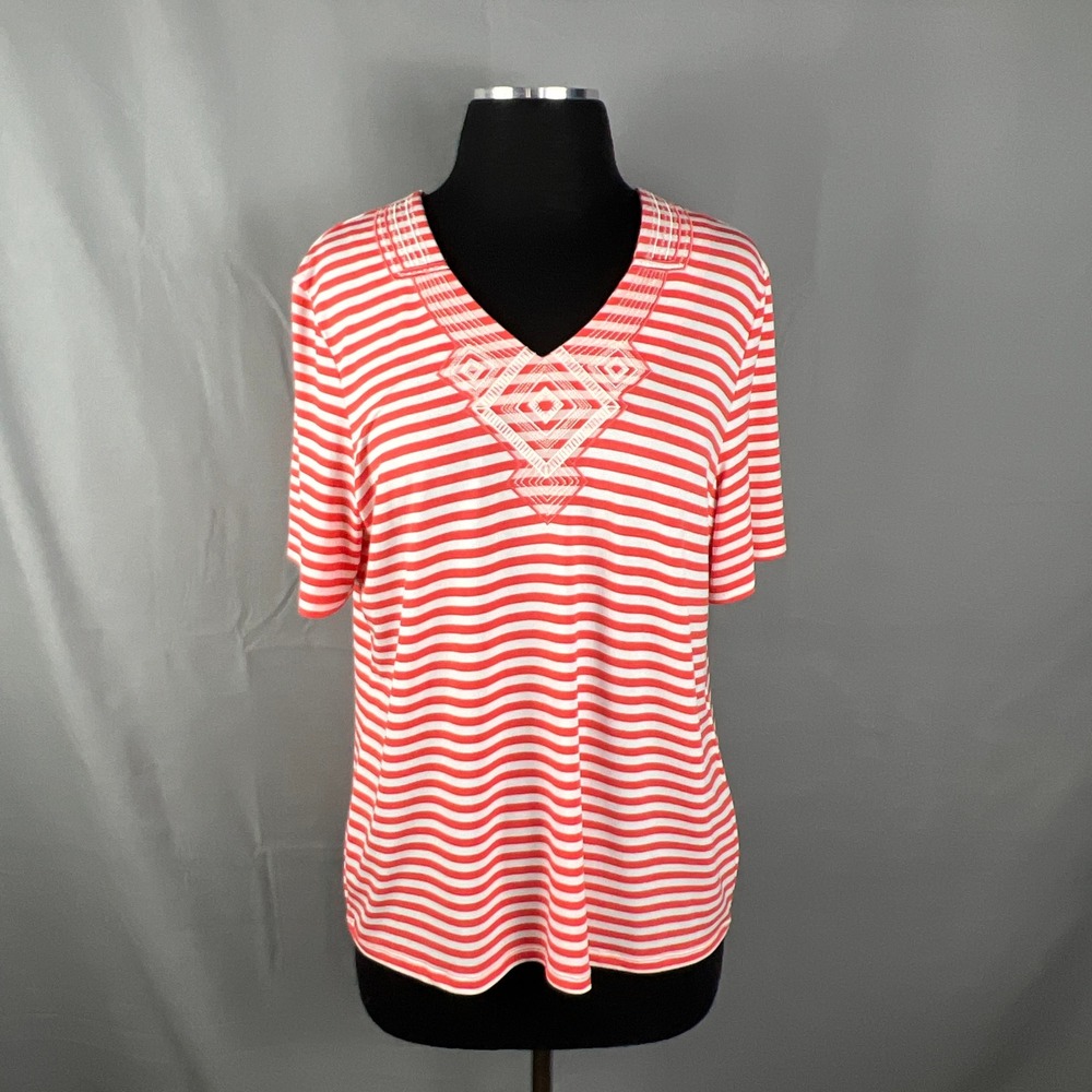 Allison Daley T Shirt Womens Medium Red White Nautical Stripe V Neck Everyday
